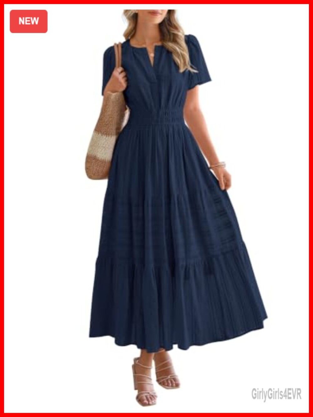 Womens Summer Maxi Dress Short Sleeve V Neck Tiered Ruffle Flowy Beach Dress